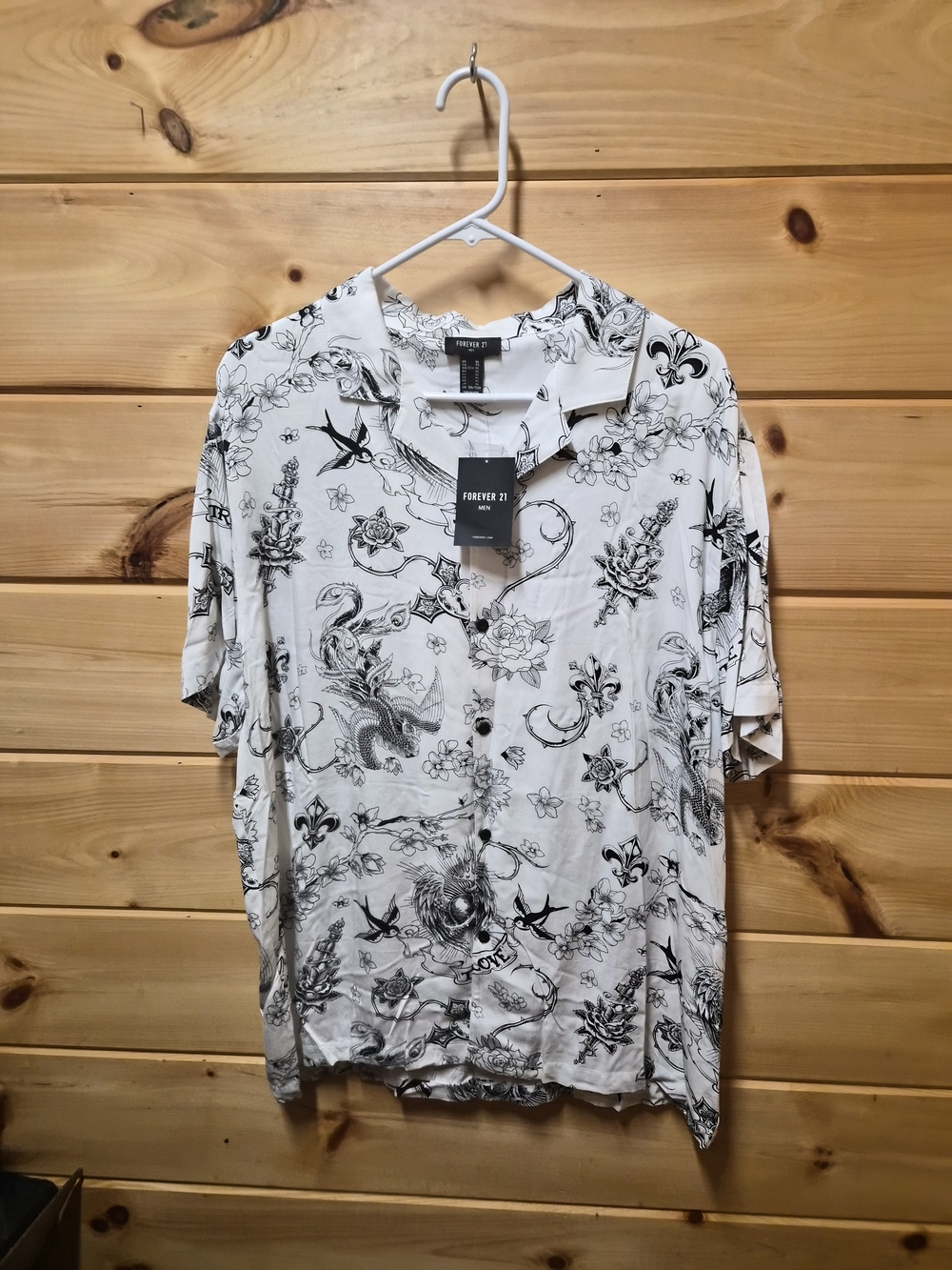 Forever 21 Men Tattoo Print White Short-Sleeve Printed Shirt